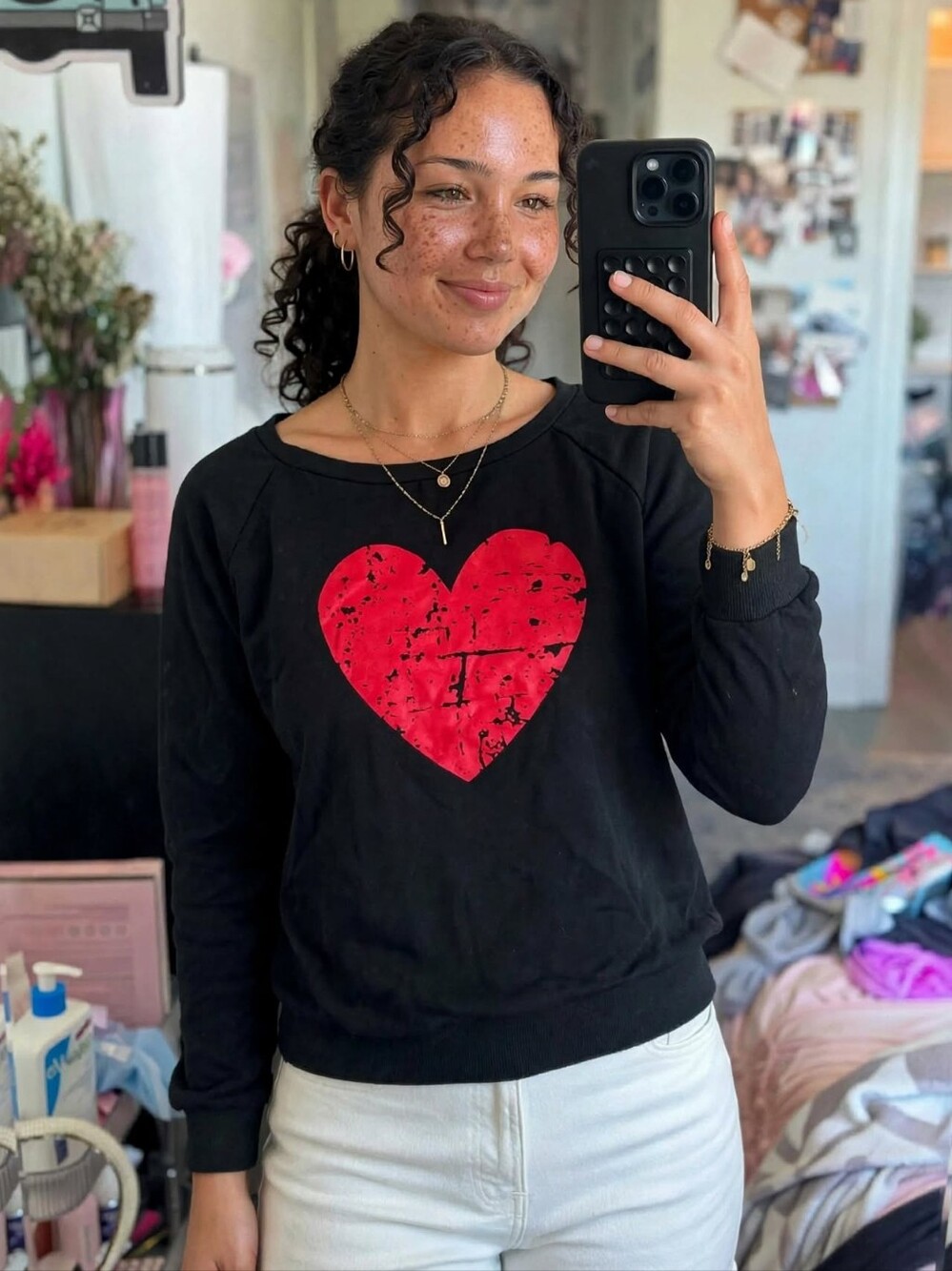 Black Crewneck Sweater with Red Heart Graphic